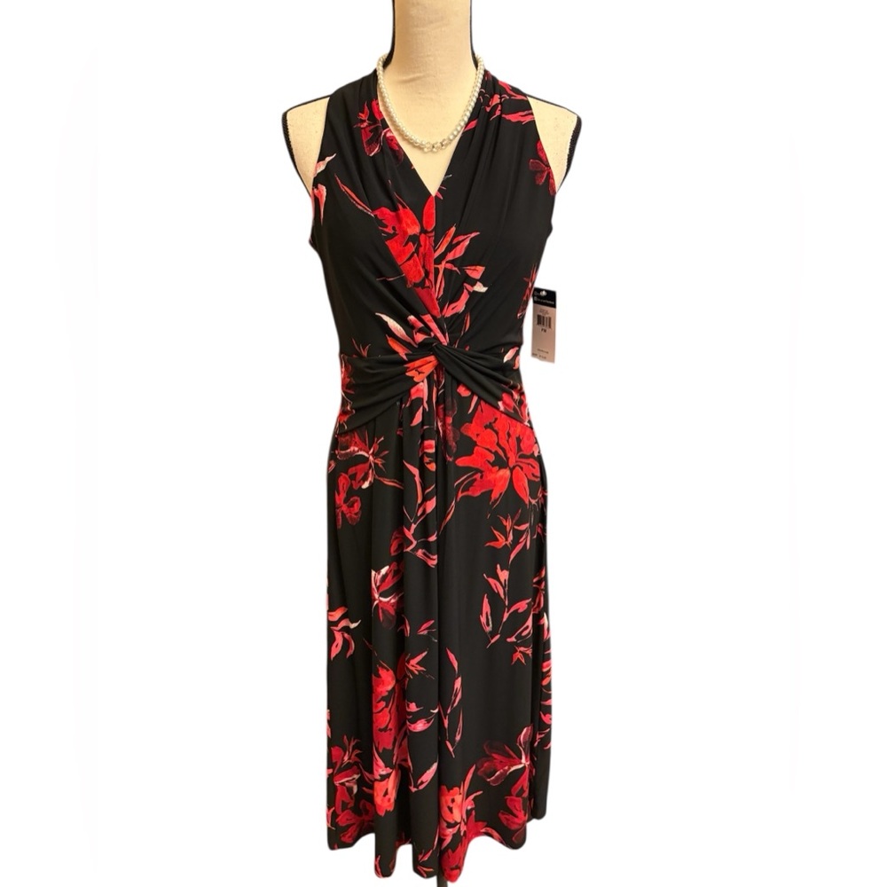 Chaps Black and Red Sheath Midi Dress Sz PM
